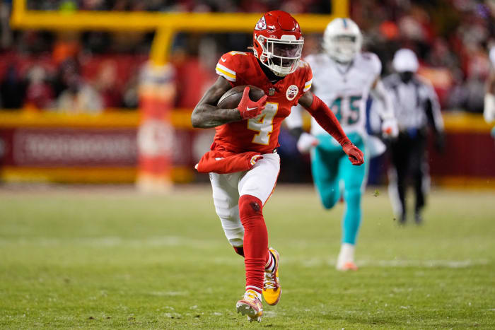 Chiefs rookie wide receiver Rashee Rice had a big night against the Dolphins with eight catches for 130 yards in Kansas City’s 26–7 win over Miami in the AFC wild-card round Saturday night.